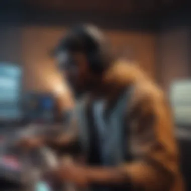 The Evolution of Music Production in Rap A modern recording studio with advanced audio equipment and a rapper in action