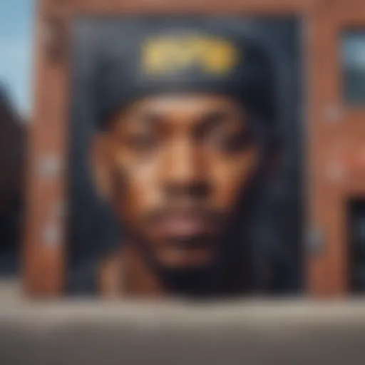 A vibrant urban street art mural depicting iconic rap artists and cultural symbols