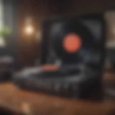 Nostalgic Vibes of Classic Hip-Hop A vintage vinyl record player with classic hip-hop albums showcased