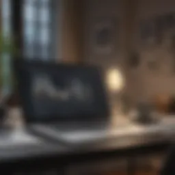 Elegant workspace with laptop and music notes
