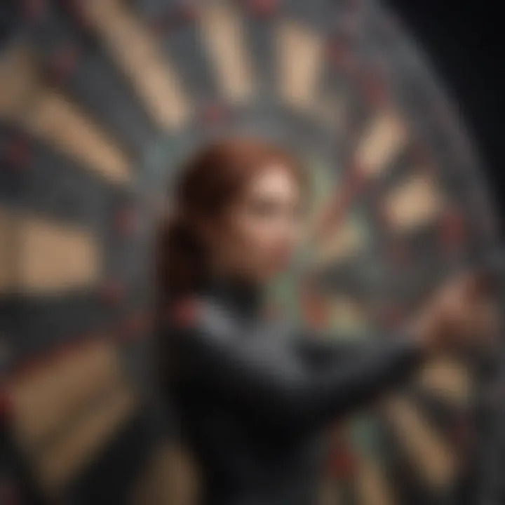 A dartboard with Black Widow darts in mid-flight during a competitive match.