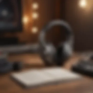 A cozy space with headphones and a notebook, illustrating a mindful music experience.