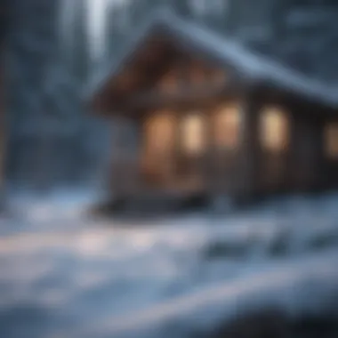 A serene winter landscape featuring a cozy cabin amidst snowy trees