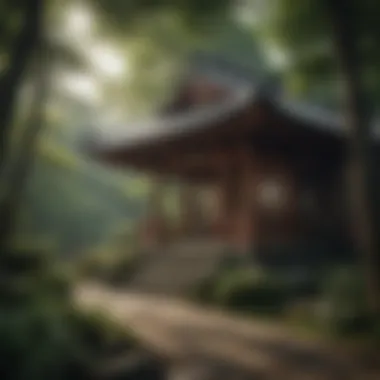 Traditional Japanese Temple Amidst Nature Traditional Japanese temple surrounded by lush greenery