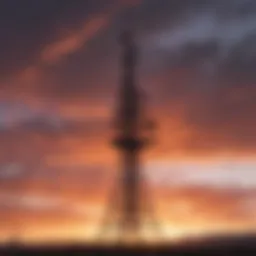 An iconic radio tower against a sunset sky in Ecuador