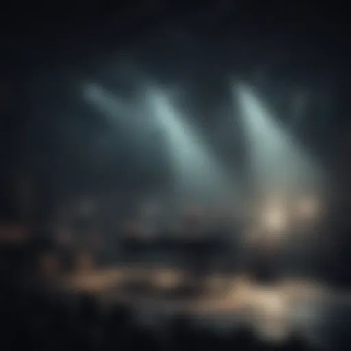 An expansive view of the band on stage, enveloped in atmospheric lighting.