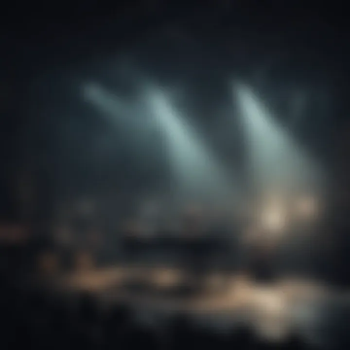 An expansive view of the band on stage, enveloped in atmospheric lighting.