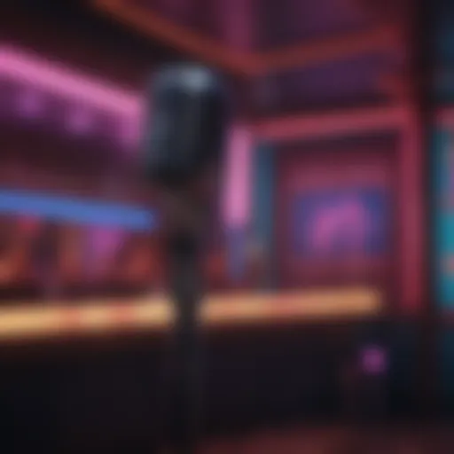 A vibrant karaoke stage with colorful lights and a microphone