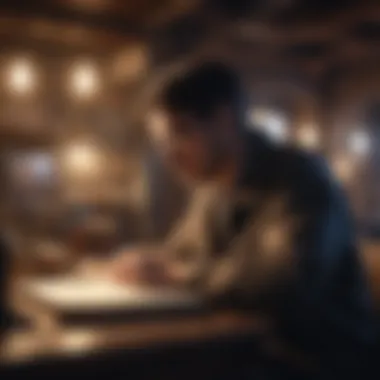 Crafting the Narrative An author deep in thought while writing a detective story