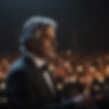Andrea Bocelli performing on stage with a captivating backdrop