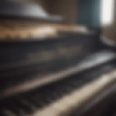 A close-up of piano keys with a worship setting in the background