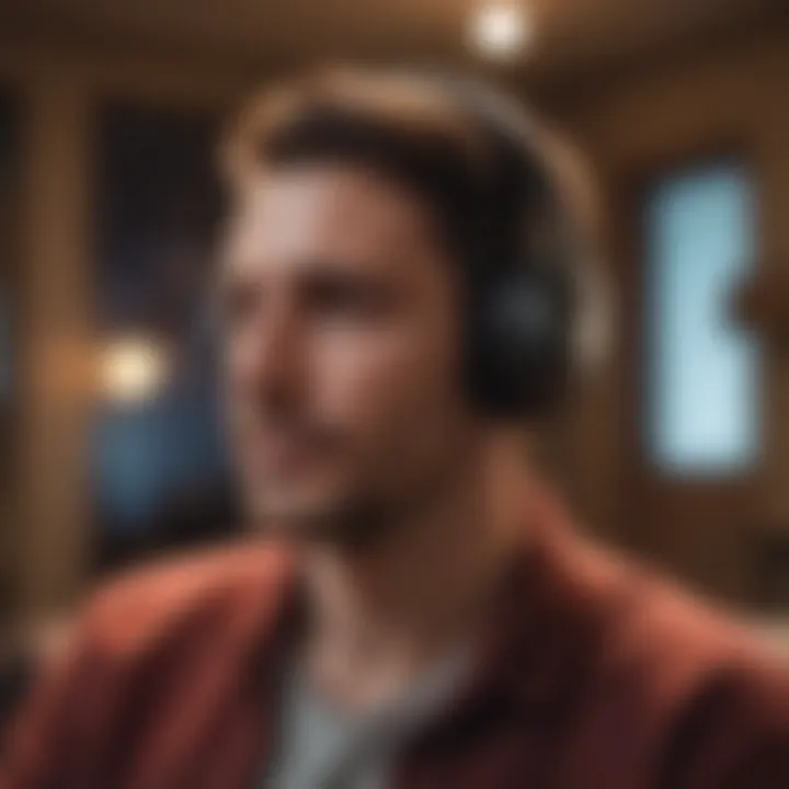 Listener enjoying a podcast in a serene environment