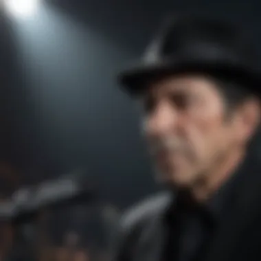 Leonard Cohen performing on stage with an intense expression