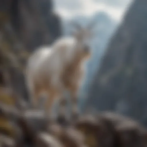 A majestic mountain goat navigating a rocky cliffside