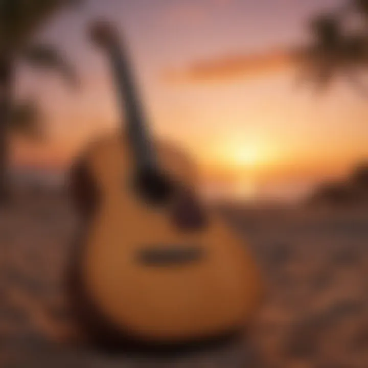 An acoustic guitar against a backdrop of a serene sunset, symbolizing the connection between music and spirituality.