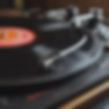 Close-up of a turntable and vinyl records representing classic hip-hop