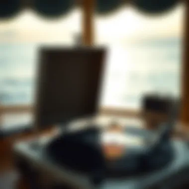 A vintage vinyl record player with a seaside view