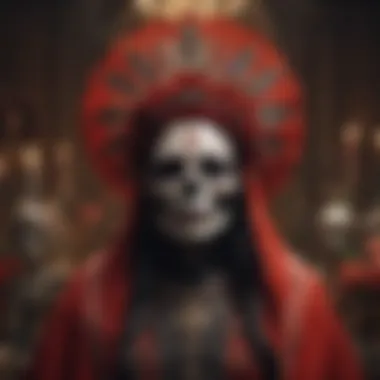 Artistic Representation of Santa Muerte An artistic representation of Santa Muerte in traditional attire surrounded by symbols of death and life