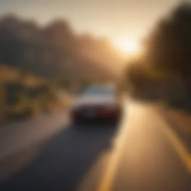 A scenic view of a car driving through a picturesque landscape, with the sun setting in the background.