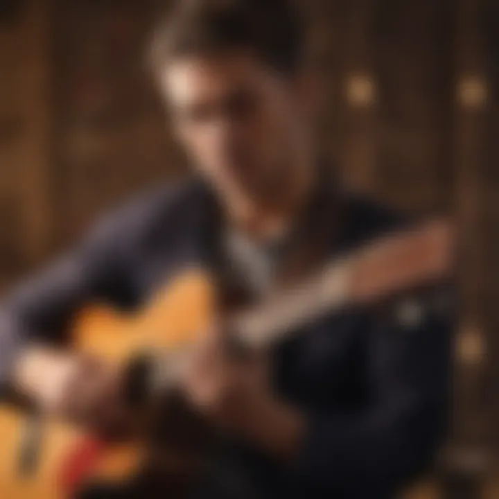 Close-up of Kaleo Wassman with a guitar in a creative setting