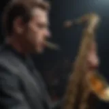 A legendary jazz saxophonist performing passionately on stage.