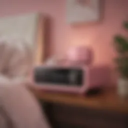 A serene bedroom setting featuring a pink noise machine on a bedside table.