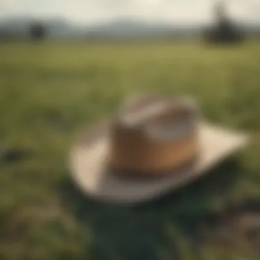 Cultural Symbolism in Country Tunes An open field with a lone cowboy hat resting on the grass, representing the cultural significance of the genre.