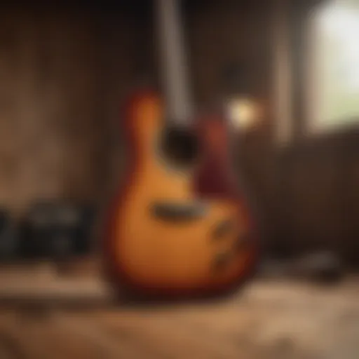 A vintage guitar resting on a wooden stage, symbolizing the roots of country music.