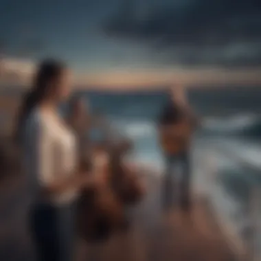 Musicians performing on a deck with ocean waves in the background