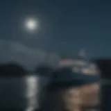 A serene view of a yacht cruising under the moonlight