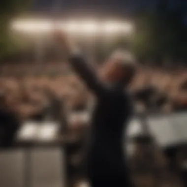 A conductor leading the New York Philharmonic with enthusiasm