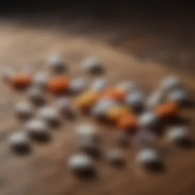 Contrast of Prescription and Recreational Pills A close-up of various prescription tablets displayed on a wooden surface, highlighting the contrast between them and recreational pills.