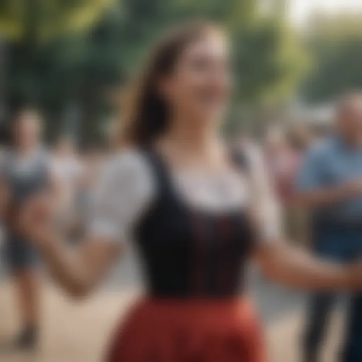 A vibrant outdoor polka dance event, capturing the joyous spirit of community and celebration.