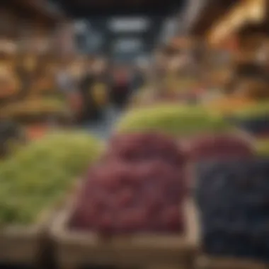 A traditional Japanese market stall filled with an array of grape varieties, highlighting their cultural importance.