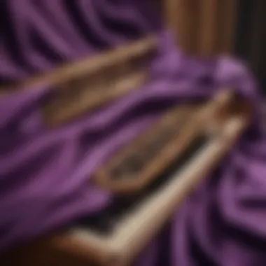 Velvety purple fabric draped elegantly over a vintage musical instrument.