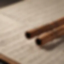 An artistic representation of the tracks walking stick against a backdrop of sheet music.
