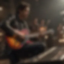A vibrant stage with guitarists performing during a competition