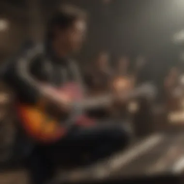 A vibrant stage with guitarists performing during a competition