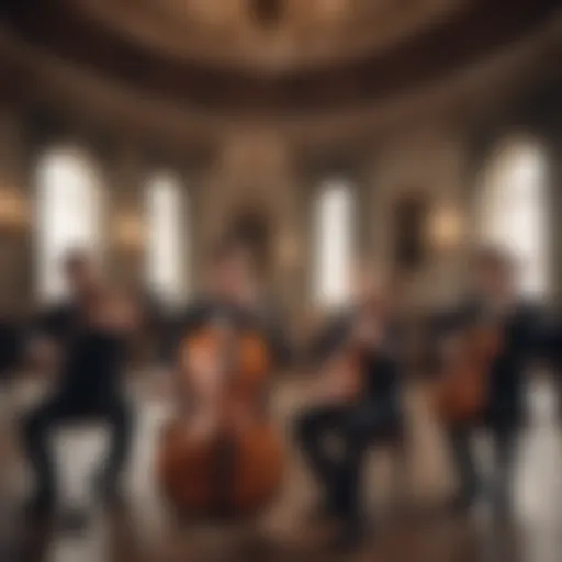 A classical string quartet performing in an elegant concert hall