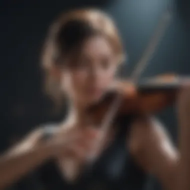 A solo violinist performing passionately on stage, enveloped in dramatic lighting