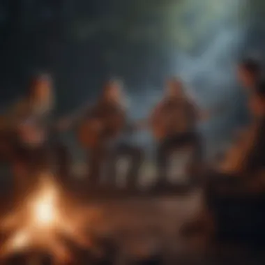 Joyful Campfire Sing-Along A group of friends gathered around a campfire, singing together with a guitar.