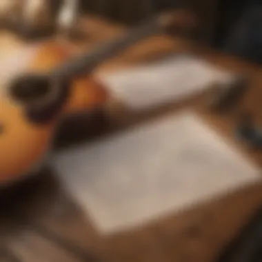 Sheet music and a guitar on a table, symbolizing preparation for a sing-along.