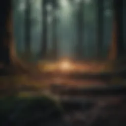 A dark, mysterious forest representing ancient rituals.