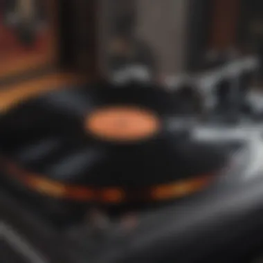 An iconic vinyl record spinning on a turntable