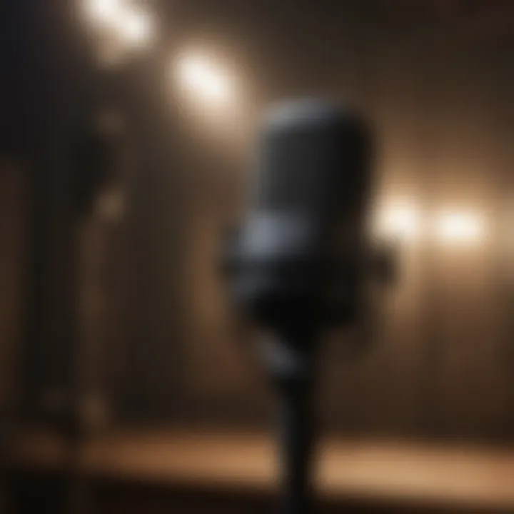 A microphone set against a backdrop of eerie shadows and spirits