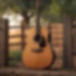 An acoustic guitar resting against a rustic fence, symbolizing the roots of Oklahoma's musical heritage