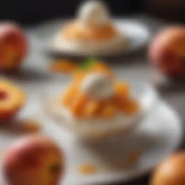 An elegant dessert presentation featuring peaches and cream, symbolizing culinary artistry.