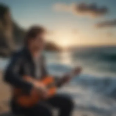 A musician playing an instrument against a backdrop of the sea