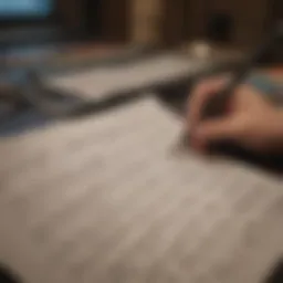 A performer selecting songs from a diverse music sheet.