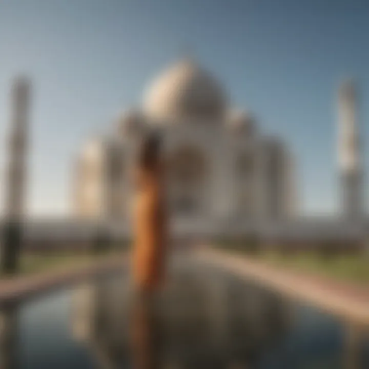 Visitors admiring the Taj Mahal-themed monument, reflecting on the fusion of global heritage and local culture.